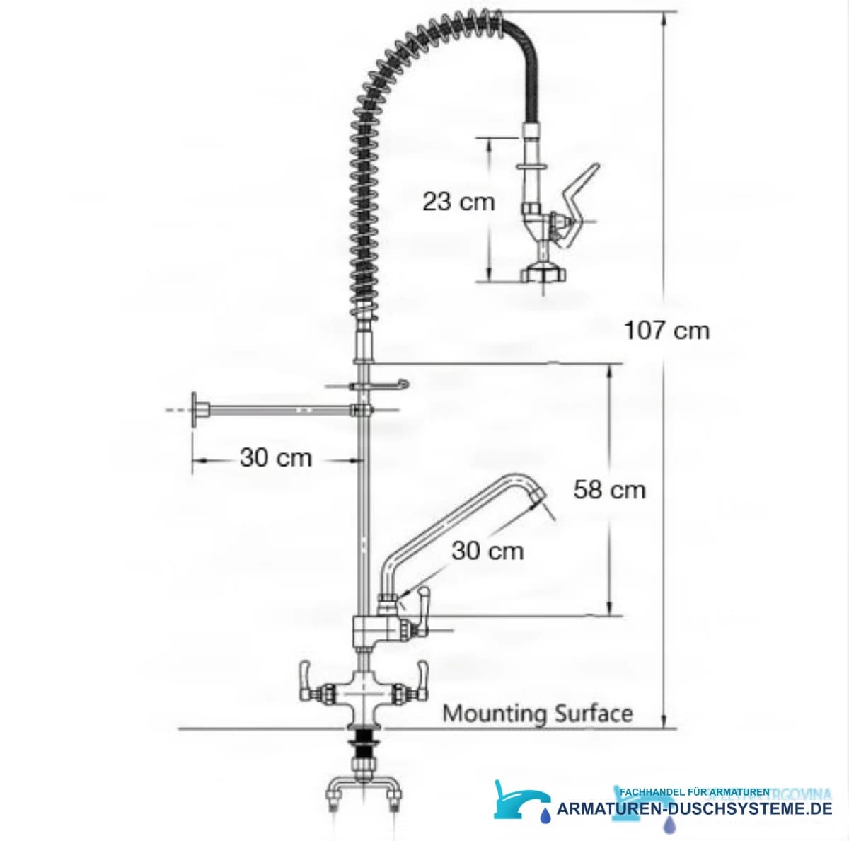 Technische Zeichnung der Küchenarmatur EYN AK1552 (107 cm Höhe, 30 cm Ausladung)
