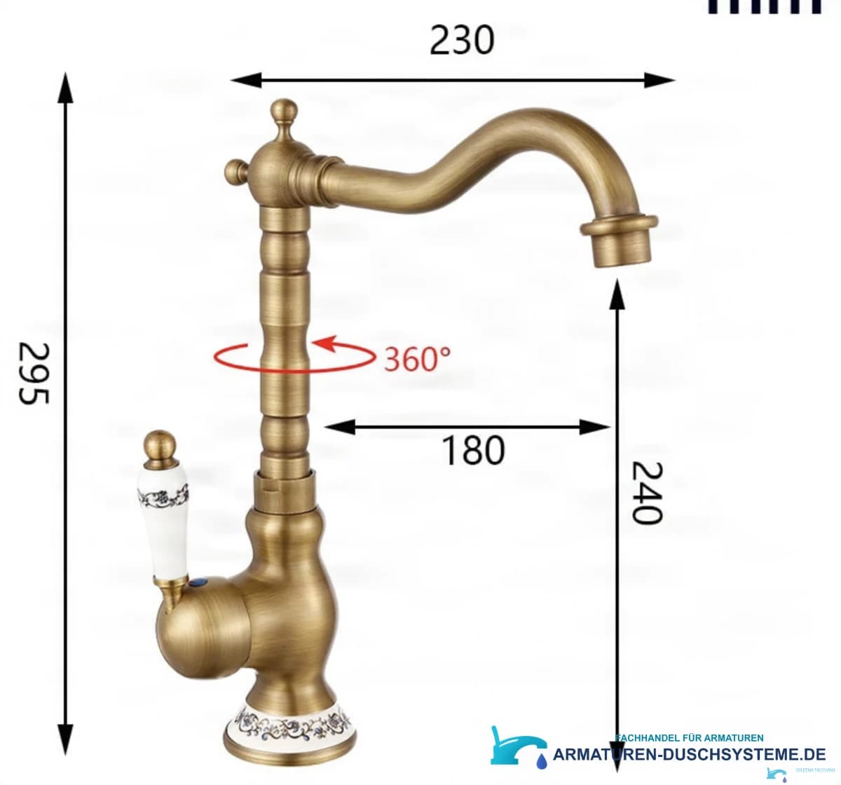 Technische Zeichnung der Standarmatur AQ1129 mit 295 mm Höhe und 230 mm Ausladung
