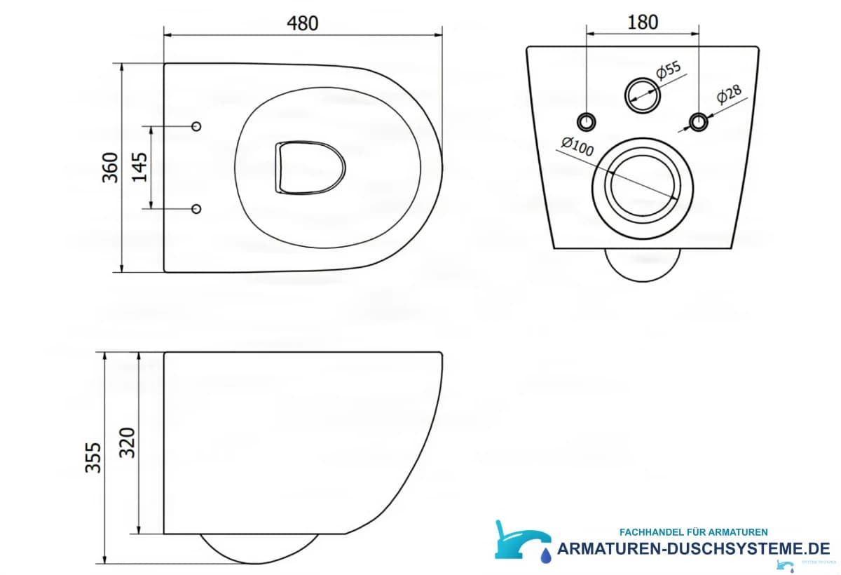 Technische Zeichnung der Toilette DELUXE TO1699 (480 × 360 × 355 mm, Befestigungsabstand 180 mm)