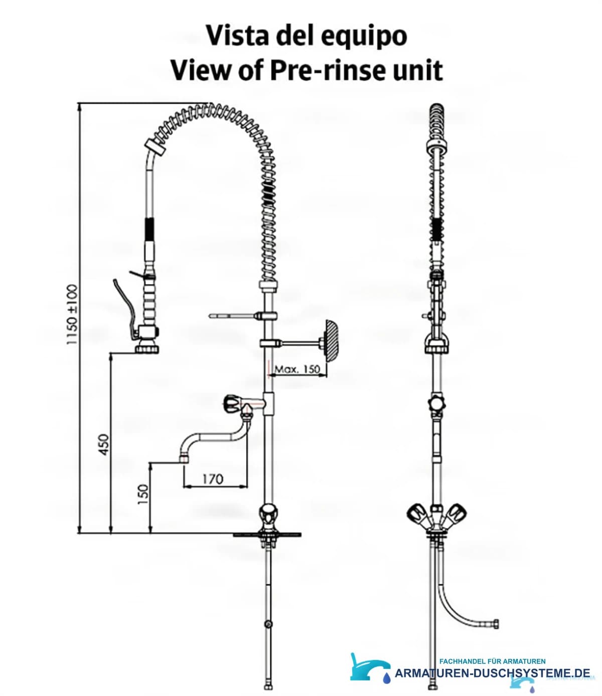 Technische Zeichnung der professionellen Gastroarmatur PRO1337 (1150 ± 100 mm, Ausladung 170 mm)