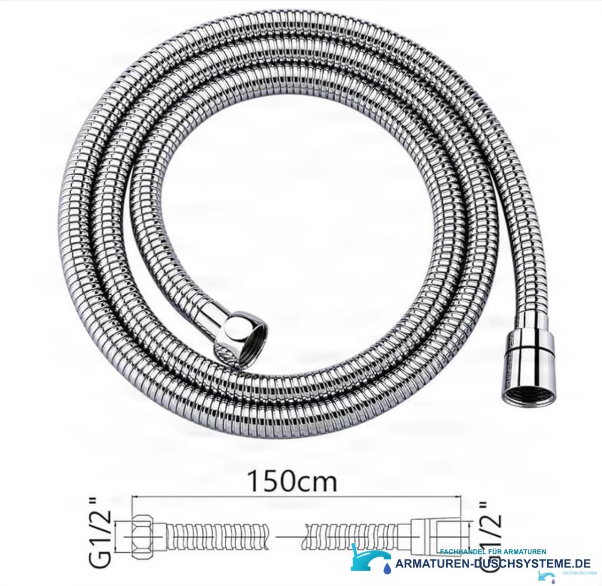 Technische Zeichnung des EYN Chrom-Duschschlauchs SH1238 mit 150 cm und G1/2