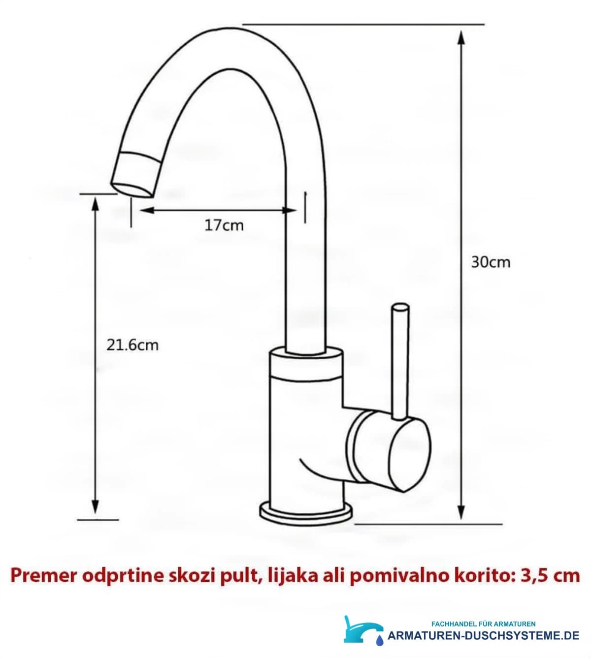 Technische Zeichnung der Niederdruck-Küchenarmatur EYN NT1255 mit 30 cm Höhe und 17 cm Ausladung