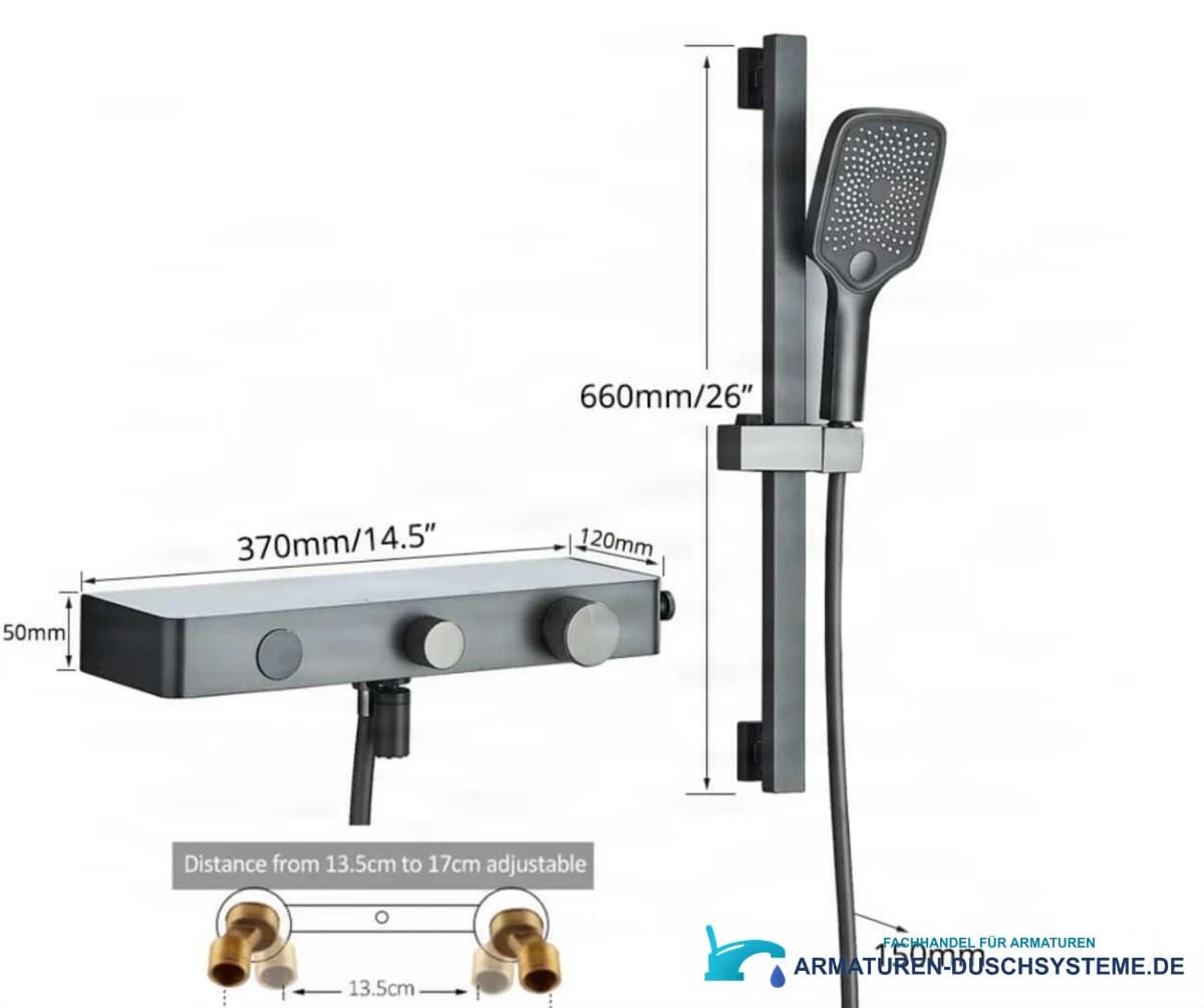 Technische Zeichnung der Luxus-Badarmatur BBT1429 (370 × 120 × 50 mm, Duschstange 660 mm)