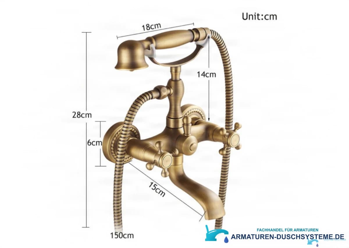 Technische Zeichnung der antiken Badewannenarmatur KAQ1305 (28 cm, Brause 18 cm, Schlauch 150 cm)